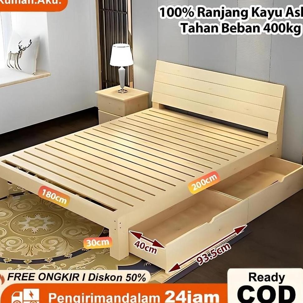 RA Tempat Tidur Kayu Asli / Dipan Lantai Laci Minimalis / Ranjang Kasur / Divan Lesehan 180cm