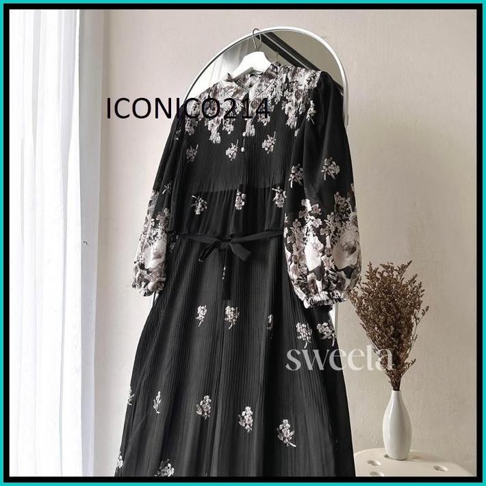 SWEETA | MIDI DRESS PLISKET DOUBLE LAYER LENGAN BALON  | LD 105CM | CERUTY FULL FURING | KOREA STYLE