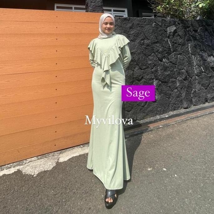 Baru MY VILOVA Nagita Dress Mermaid Knit Jaguard Ruffle Depan Fashion Muslim Terbaru Gamis Viral Kon