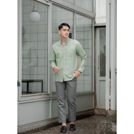 Hem Pria Polos Kemeja Cowok Hijau Sage Kemeja Pria Lengan Panjang