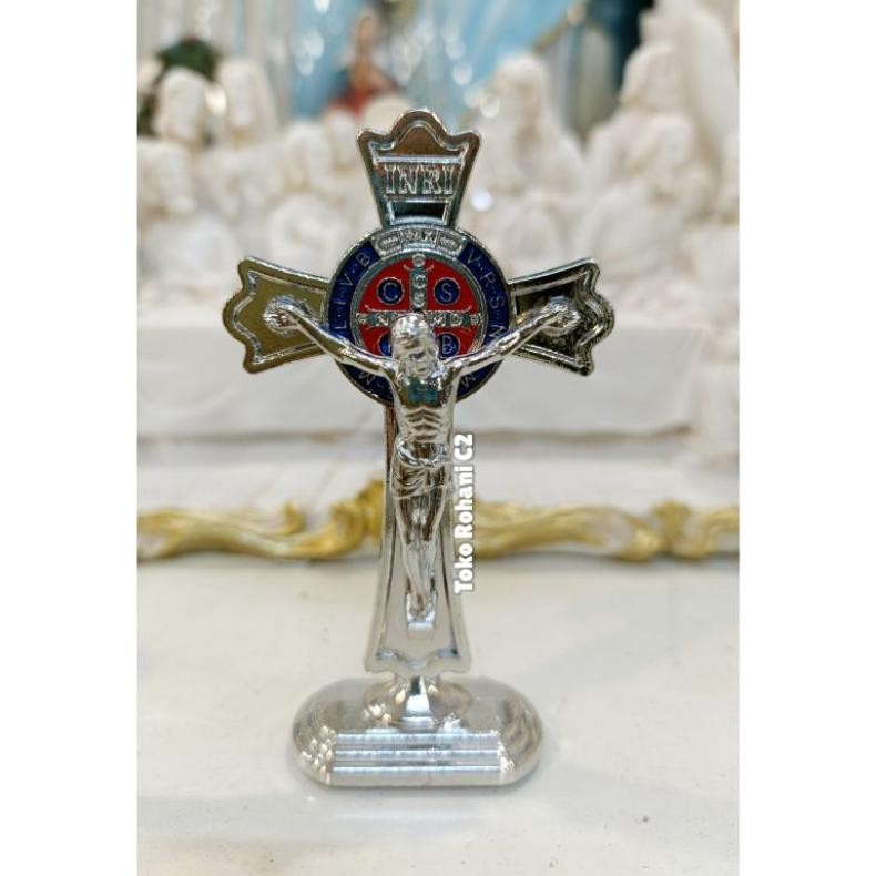 fj-44 MMA-1318 Salib Duduk Benediktus Bunga 8cm (7639) - Pajangan Salib Benediktus - Salib Duduk Bnd