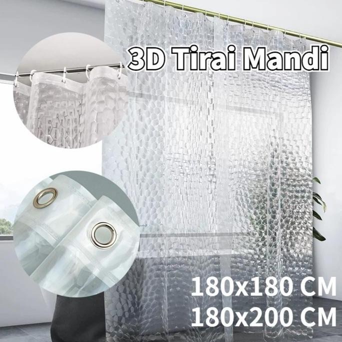 Tirai Kamar Mandi 3D dengan 12 Kait Tirai Mandi 180X200Cm/Tirai PVC Tirai Mandi Kubik Transparan Sho