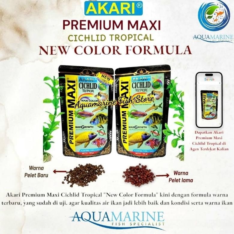 AKARI PREMIUM MAXI CICHLID CHICLID TROPICAL MULTI COLOR 100 GR PELET 1MM 100GR DAN 40 GR AQUAMARINE 