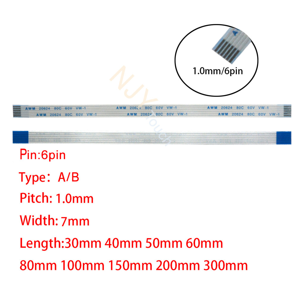 6 Pin 1mm Pitch FFC FPC AWM 20624 80C 60V VW-1 A B Type Flat Cable Fleksibel 60/100/150/200/250/300/