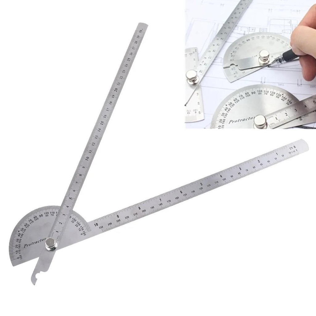 

180 Degree 250 X 300Mm Stainless Steel Adjustable Double-Arm Angle Ruler With Round Head Rotary Protractor Tool For Measurement