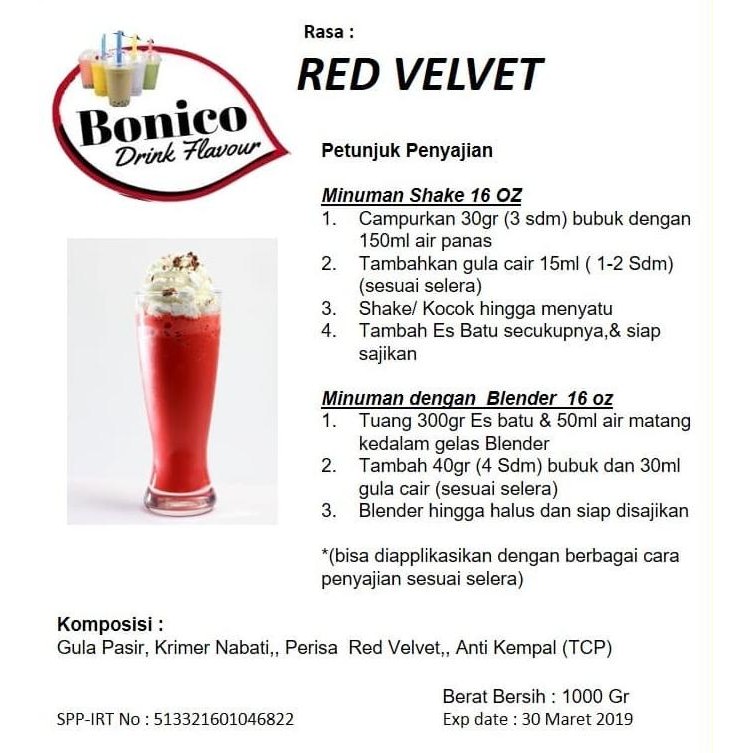 

Spesial Promo/ Bonico Red Velvet Powder 1Kg Bubuk Minuman Drink Flavor Powder Ice [Terlaris/Terbaru/Recommended]