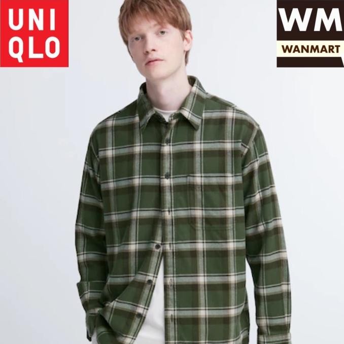 UNIQLO Men Shirt Kemeja Pria Flannel Kotak Lengan Panjang Olive
