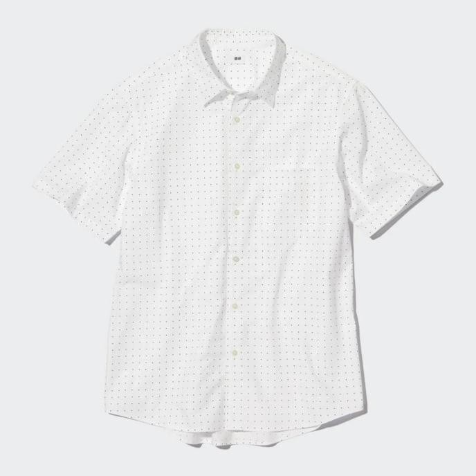 KEMEJA PRIA UNIQLO BROADCLOTH MOTIF DOTS LENGAN PENDEK 416950 WHITE