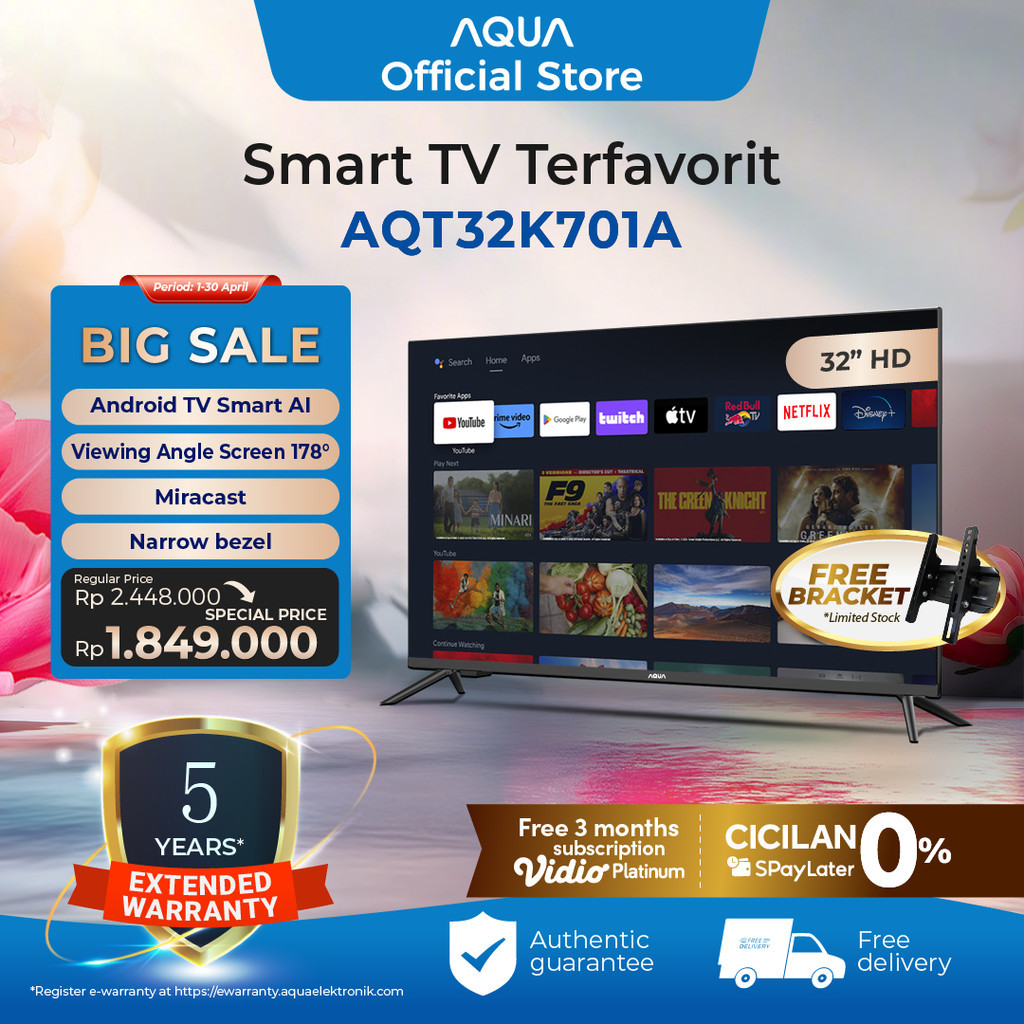 AQUA Elektronik TV 32 inch AQT32K701A - 32 Inch Smart TV Android - HD - Google Play - Bluetooth - Ch