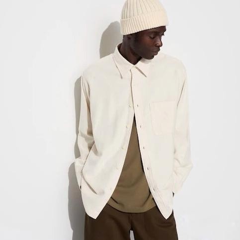 UNIQLO Men Kemeja Flannel Polos Pria Lengan Panjang Off White Flanel