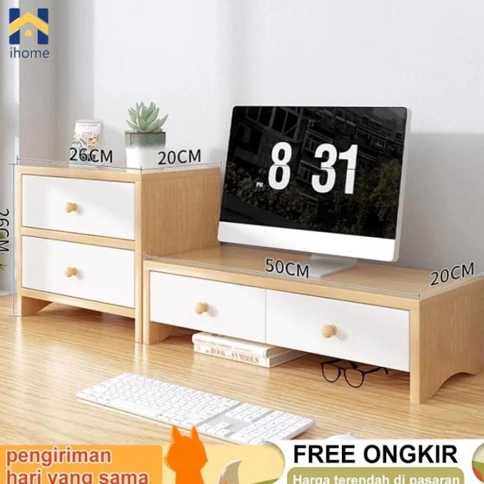 Stand Monitor Kayu Meja Stand Monitor Drawer Storage Rak Monitor Meja Monitor Minimalis
