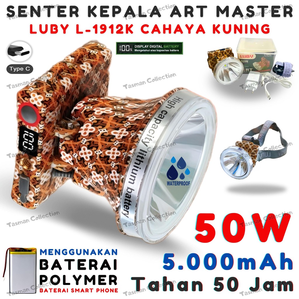 SENTER KEPALA TAHAN LAMA 50 JAM LUBY L-1912L 80W SUPER TERANG CAHAYA PUTIH / KUNING L-1912K | HEADLA