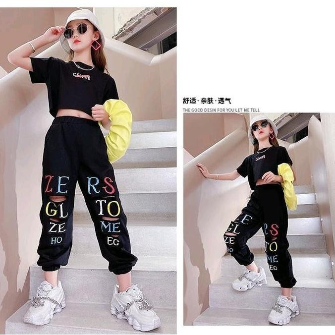 JS26 one set setelan anak perempuan atasan crop celana joger hiphop style / baju anak tanggung