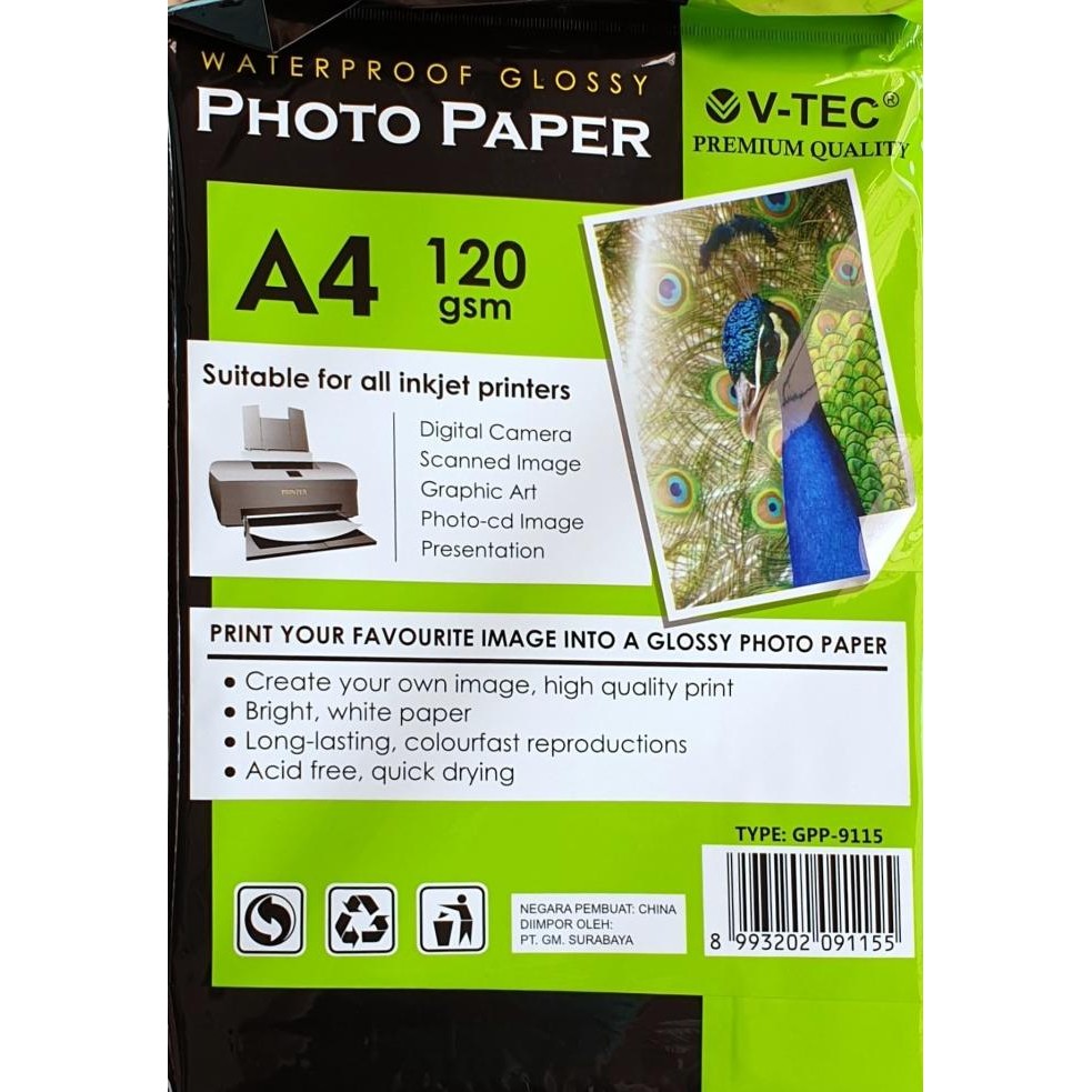 

50Lembar Kertas Photo - V-Tec Waterproof Glossy Photo Paper 120 Gsm Terbaru