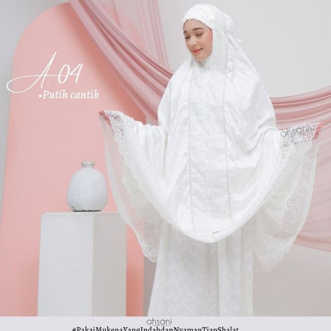 Terlaris Mukena Ahsani A.04 Dewasa Jumbo Sutra Ori Putih Renda Mewah Mahar
