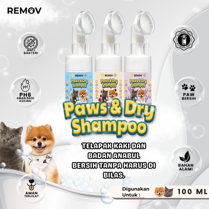 REMOV PAWS & DRY SHAMPO 100ml Dry Shampoo Kucing Anjing Pet Dry Sampo Terlaris