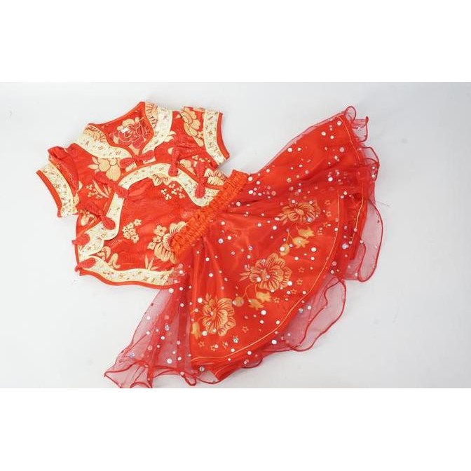 ready setelan baju rok anak bayi cheongsam imlek polkadot satin tile merah