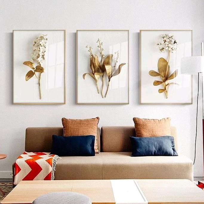 Baru Lukisan Bunga Emas Kanvas Print High Definition Modern Seperti Timbul Termasuk Bingkai Frame Go