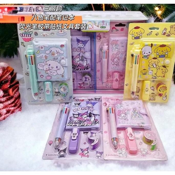 

Tersedia Set Alat Tulis 4 In 1 Sanrio Buku Diary Mini + Pen 8 Warna + Highlighter + Mini Tape Karakter Pulpen Stationery Capybara Labubu Kuromi Sanrio