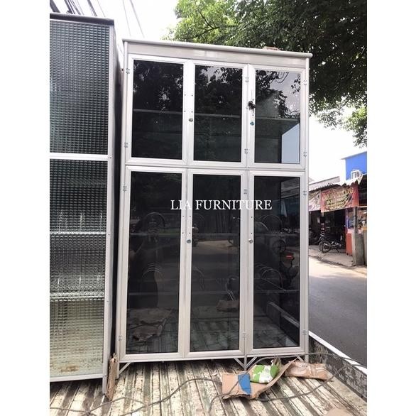 RAK PIRING LEMARI DAPUR PINTU 3 ALUMINIUM FULL KACA RIBEN