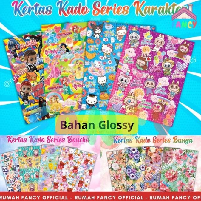 

tersedia [free bubble wrap] 50 lembar kertas kado squeezy bahan glossy licin aneka motif karakter (65x50/70 gsm)
