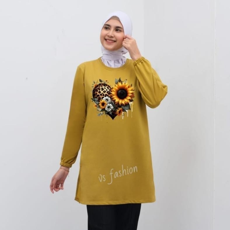 Kaos Tunik Wanita Motif Bunga Matahari Kaos Tunic Wanita Terbaru