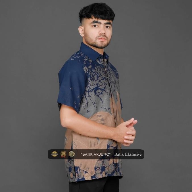 KEMEJA BATIK PRIA LAPIS FURING LENGAN PENDEK BATIK EKSLUSIVE DAUN NAVY NUDE TERMURAH