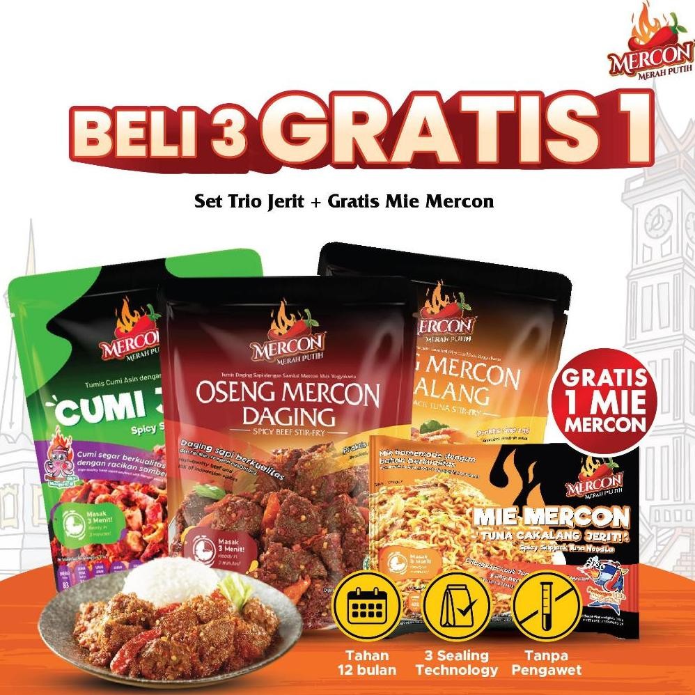 

READY STOK [ BELI 3 GRATIS 1 ] - Mercon Merah Putih - Set Trio Jerit|| Oseng Mercon Daging + Cumi Jerit Sambal Mercon + Oseng Mercon Cakalang + GRATIS MIE MERCON CAKALANG Siap kirim