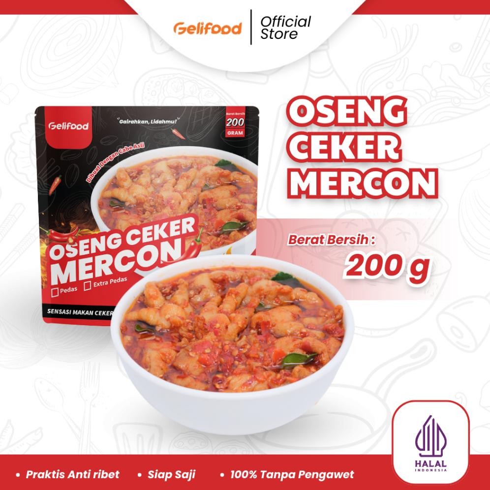 

READY STOK Gelifood - Oseng Mercon Ceker Tanpa Tulang Pedas Daun Jeruk Makanan Kemasan 200gr Siap kirim