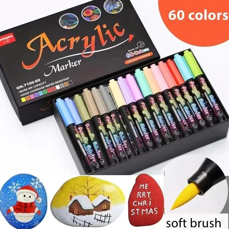 

60 Colors Acrylic Paint Pens Markers Permanent Markers For Rock Painting Glass Ceramic Fabric Wood Metal Brush Tip Art Supplies