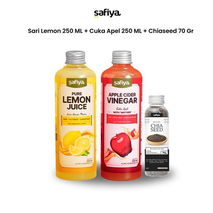 

STOK TERBATAS SAFIYA PAKET 3 IN 1 CUKA APEL 250 ML + SARI LEMON 250 ML + CHIASEED 70 GR