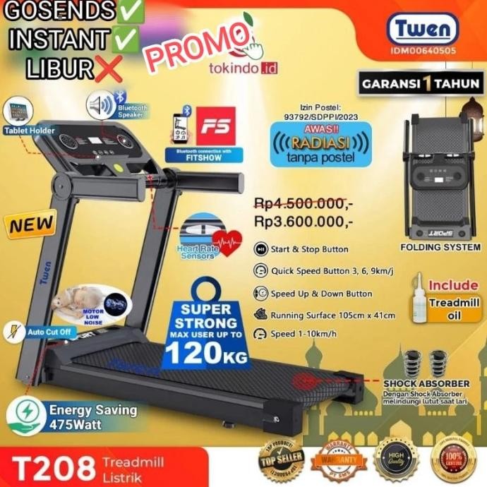 TERMURAH - TREADMILL T208 ALAT OLAHARAGA LARI GYM FITNES LISTRIK HOMEWORK TWEN