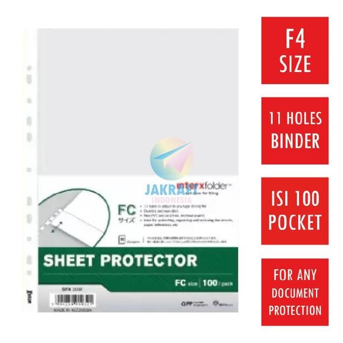 

new !!! (100 Pcs) Sheet Protector INTERX F4 FC Folio 0.05 mm PP Pocket Kantong Document Ordner Binder Bantex murah