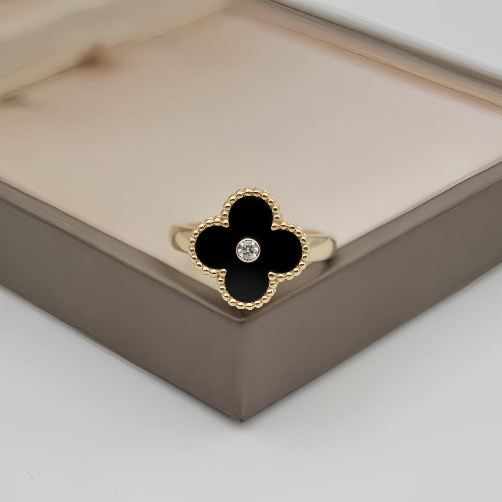 Cincin Batu Akik Hitam Semanggi Empat Daun, Cincin Pasangan 17K, Cincin Wanita, Cincin Clover