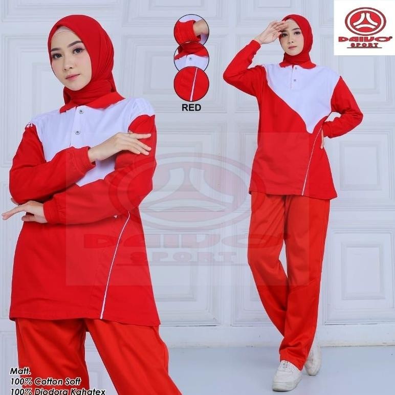 New Setelan Baju Senam Merah Putih / Setelan Baju Olahraga Pria dan Wanita Daivo