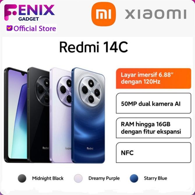 

Xiaomi Redmi 14C (6GB/128GB) (8GB/256GB) | Layar 6.88" | Refresh rate 120 Hz | 50 MP dual kamera AI | Baterai 5.160 mAh | NFC TRM