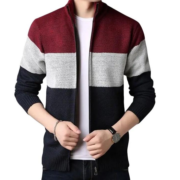 sweater resleting rajut premium pria katun panjang tebal knitwear baju hitam motif kerah sweater