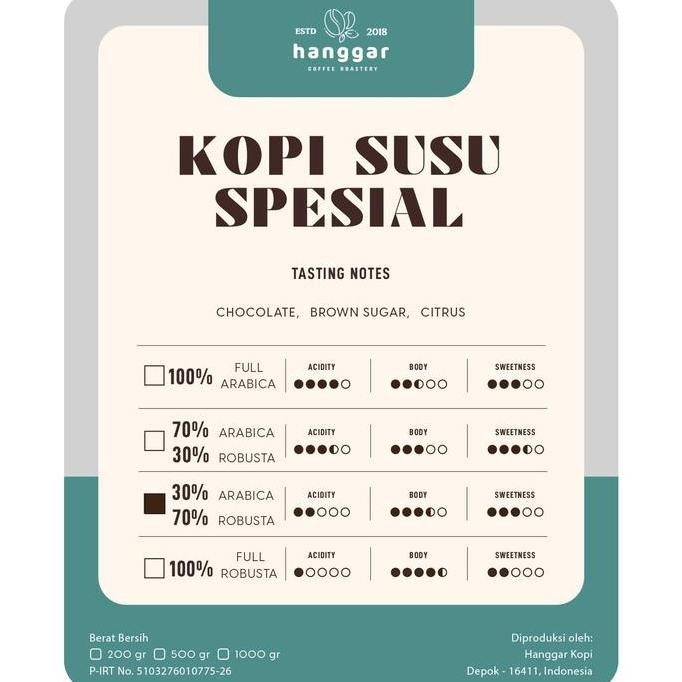 

ready stock KOPI SUSU SPESIAL A30 R70 - ESPRESSO BLEND - Hanggar Roastery