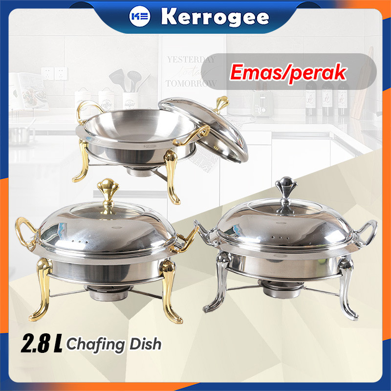 Emas/perak Chafing Dish Panci 2.8L Prasmanan Bulat Stainless Steel dengan Pemanas Round Chaving Dish