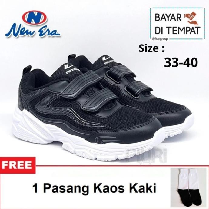 Best Fiuri - New Era Original - Lily Perekat 33-40 Hitam Putih - Sneakers Perekat Kanvas Sol Karet A