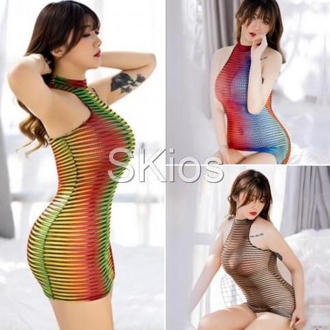 Sexy Lingerie Transparan Color Striped Dress Ketat Baju Tidur Wanita