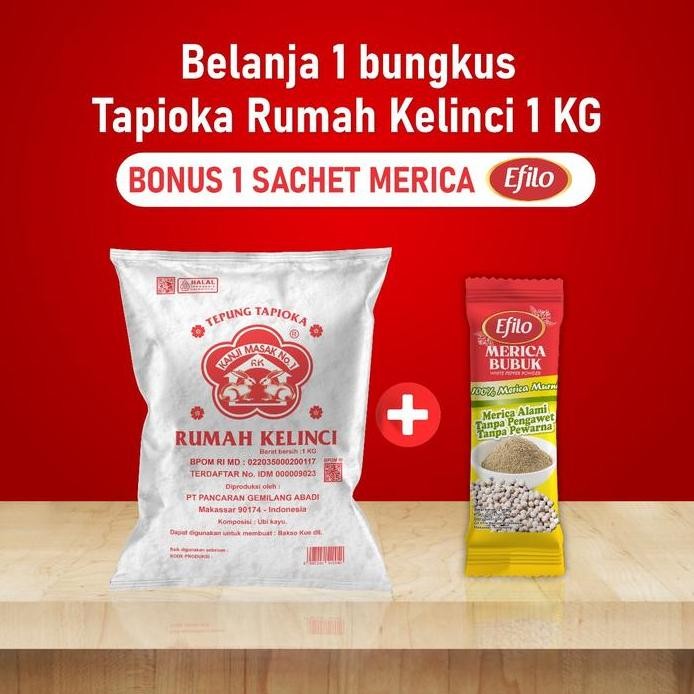 

Terlaris Tepung Tapioka/Kanji Rumah Kelinci 1Kg (Berhadiah 1 Sachet Merica Efilo)