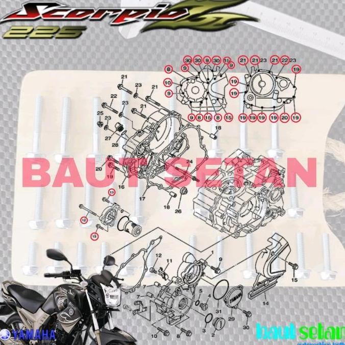 Baut Set blok mesin kanan kiri Motor Scorpio Z 2005-2014 Mode dua kunci