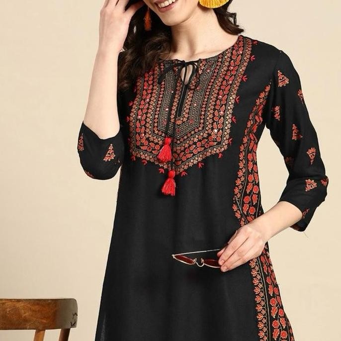 || MONICA / Laqueens baju India kurta kurti black hitam atasan tunik panjang Muslim wanita remaja De