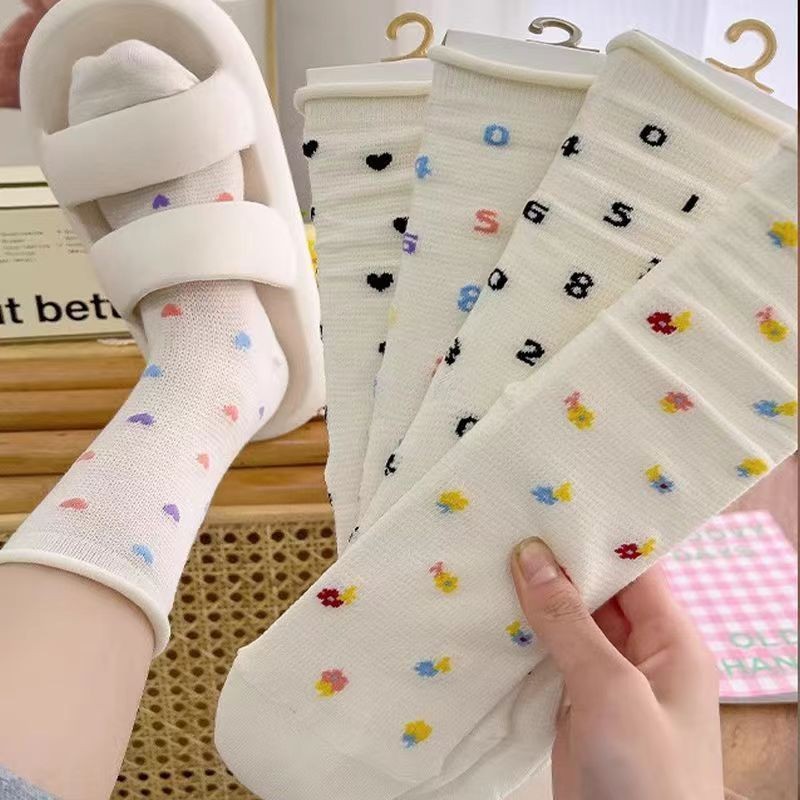 Kaus Kaki Putih untuk Wanita, Kaos Kaki Setengah Betis Panjang Longgar Tipis Musim Panas ins Kaus Ka