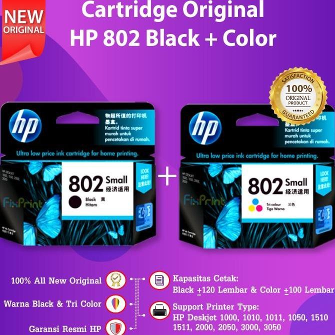 promo SET Cartridge HP 802 Black Color Tinta Printer Deskjet 2050 3050 1010