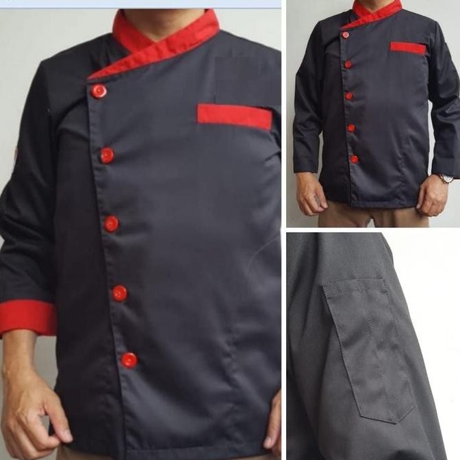 Baju Chef Atau Baju Koki Hitam-Merah New Stok