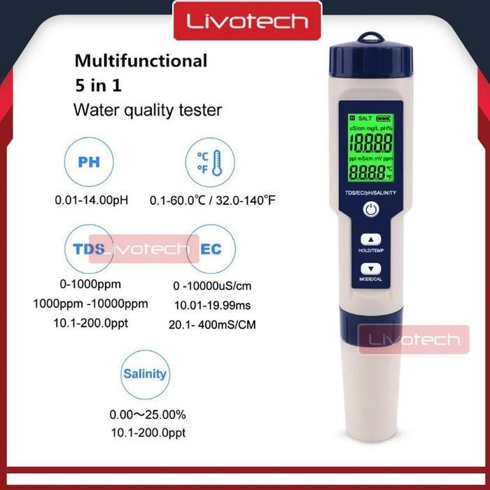 Ez-9909 5In1 Alat Cek Kualitas Air Ph Tds Ec Suhu Salinity Pen Meter Ukur Original Dan Terpercaya