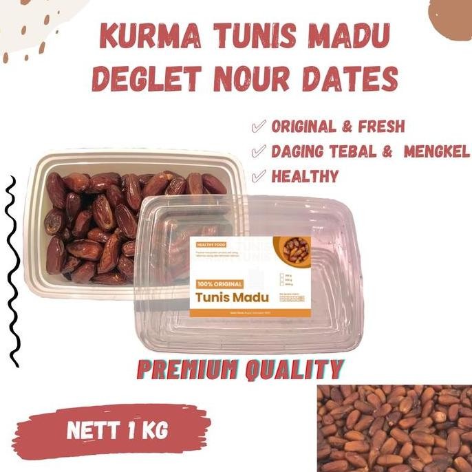 

BARU KURMA TUNISIA MADU 1KG REPACK KORMA TUNIS DEGLET NOUR 1 KG TANPA TANGKAI ALGER MANIS CONDITIONED DATES