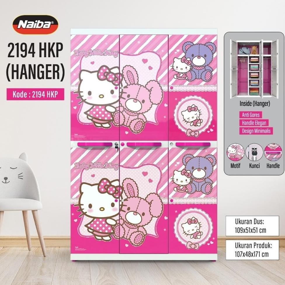 NAIBA Lemari Plastik Jumbo Anak Karakter Premium Naiba 3 Pintu Hambalan dan Gantungan